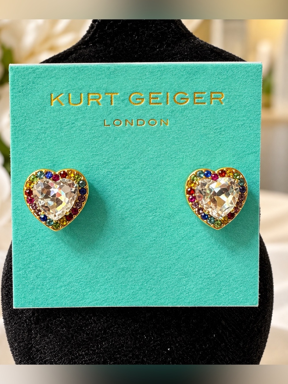 NWT Kurt Geiger London Crystal Heart Stud Earrings Gold Rainbow
